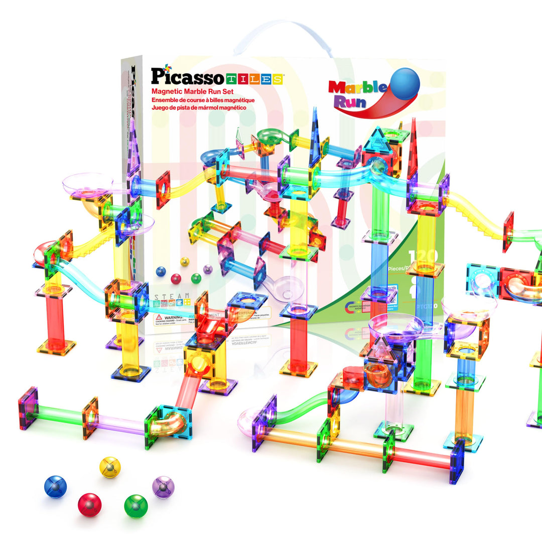 PicassoTiles Marble Run 120 Piece Magnetic Building Blocks Magnet Tile Construction Toy Playset STEM