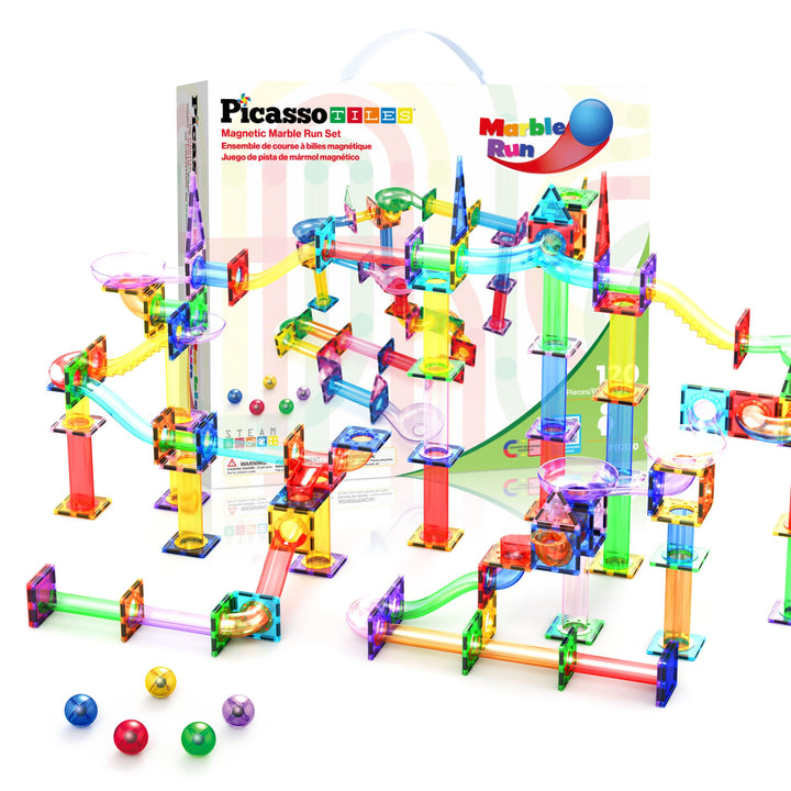 PicassoTiles Marble Run 120 Piece Magnetic Building Blocks Magnet Tile Construction Toy Playset STEM