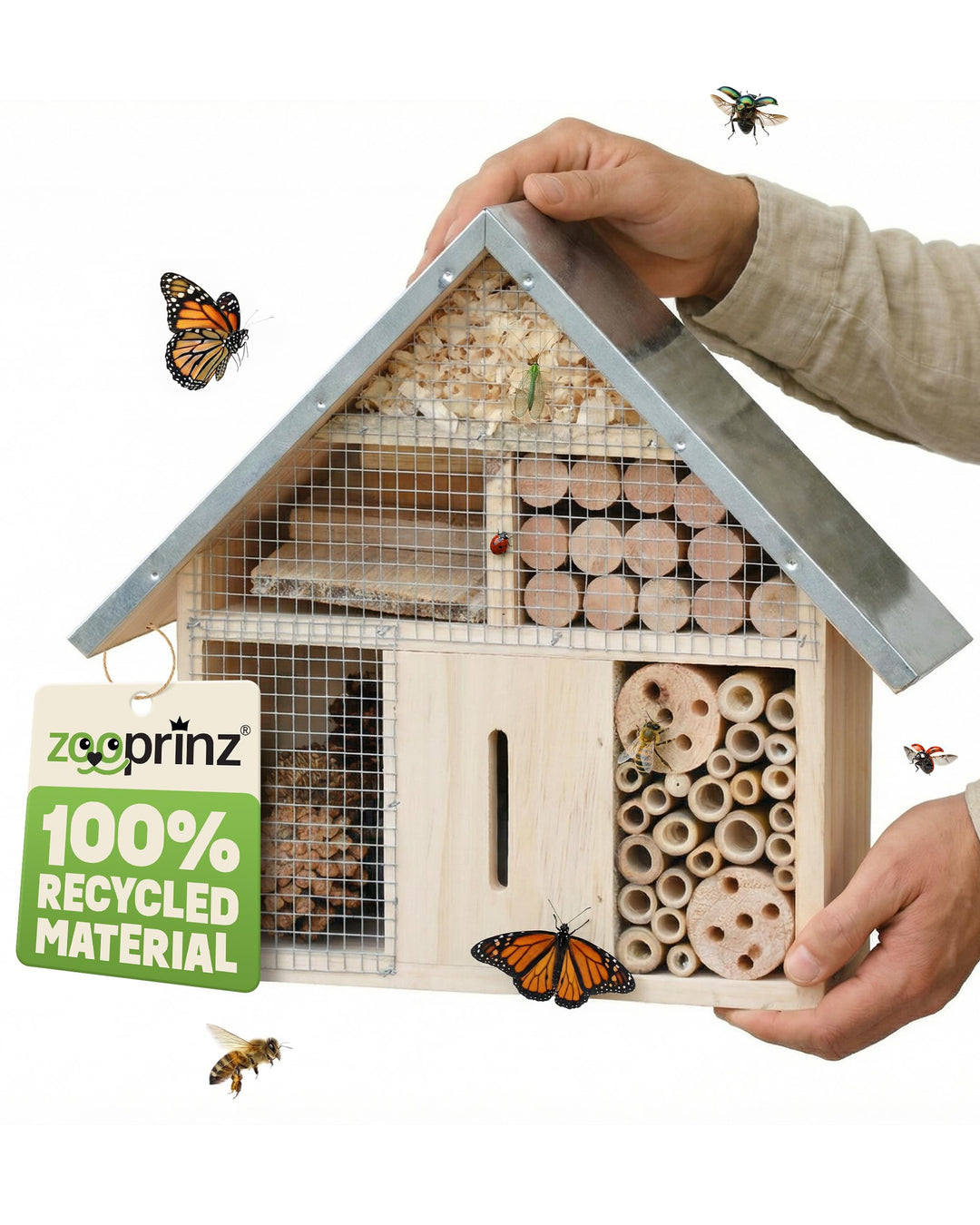 zooprinz Insektenhotel klein mit Metalldach – Insektenhaus/Bienenhotel aus Holz mit Bambus Röhrchen