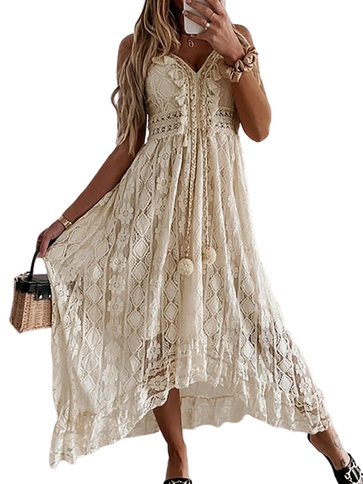 CUPSHE Damen Sommerkleid V Ausschnitt Floral Spitze Quasten Spaghetti Trägerkleid Freizeitkleider Hi