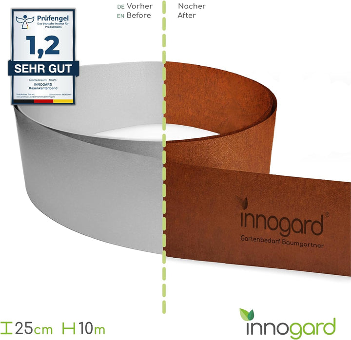 innogard Rasenkantenband aus Corten Stahl Edelrost – Höhe 25cm, Länge 10 m, Rasenkante mit Schutzkan