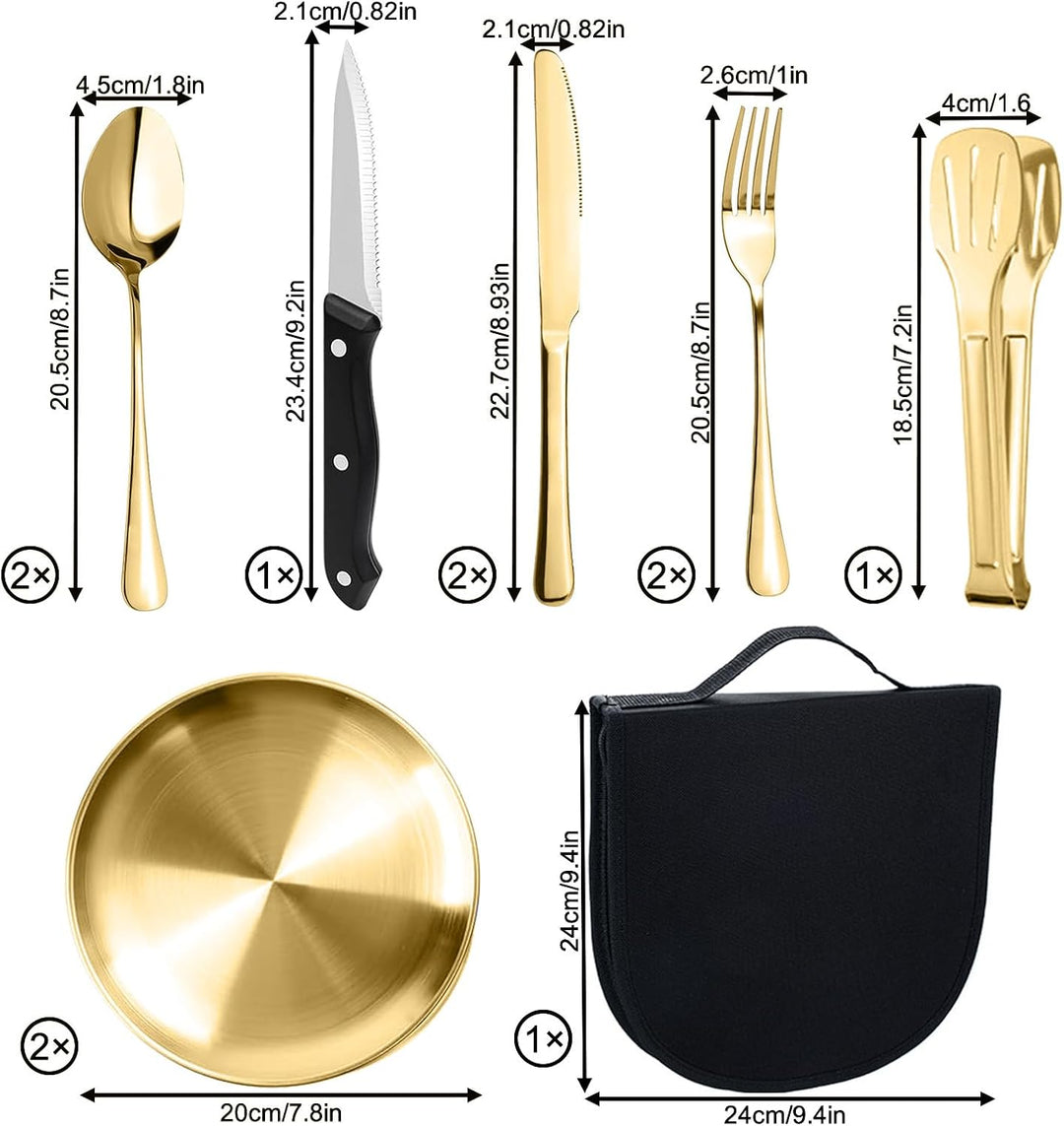 Camping Geschirr Set für 2 Personen, 10 Stück Tragbars Campingbesteck Set aus Edelstahl für Picknick