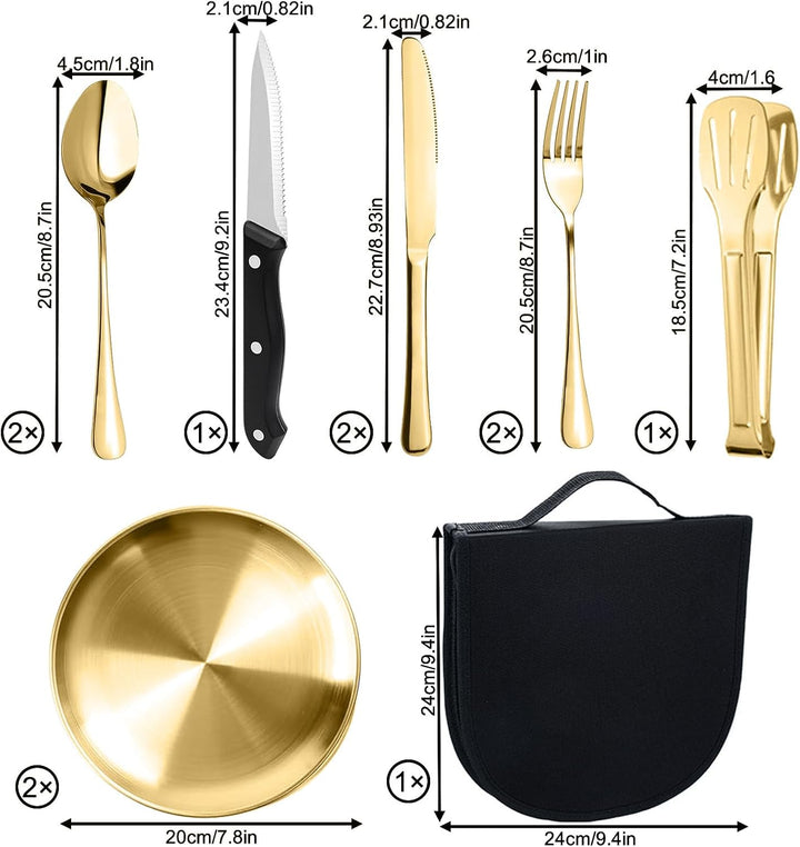 Camping Geschirr Set für 2 Personen, 10 Stück Tragbars Campingbesteck Set aus Edelstahl für Picknick