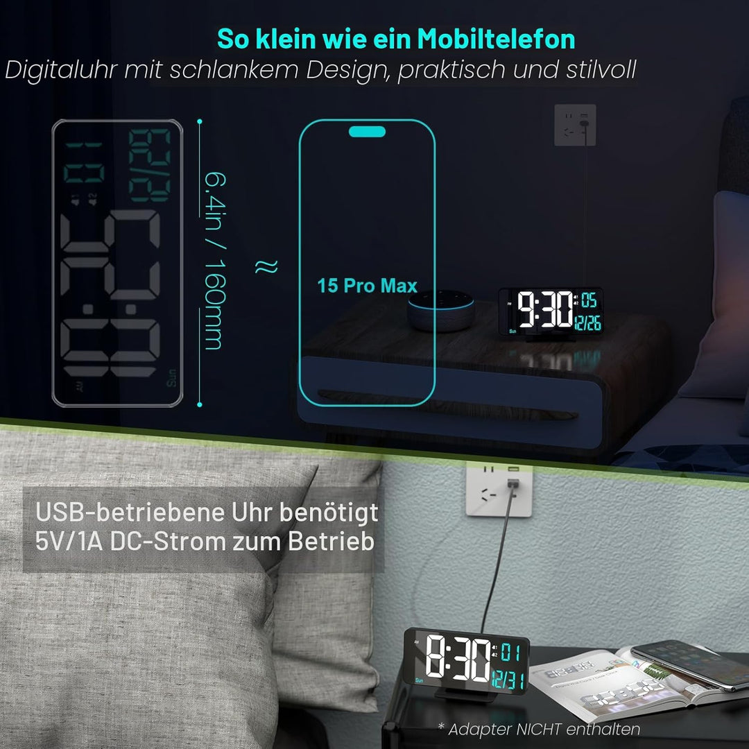 KOSUMOSU Digitaler Wecker, 17 cm, schwarz, für Schlafzimmer, Dual-Alarm, Datum, Sekunde, Wochentag,