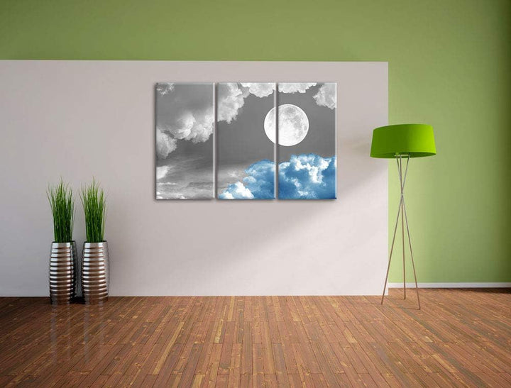 Traumhafter Vollmond über blauer Wolke schwarz/weiss 3-Teiler Leinwandbild 120x80 Bild auf Leinwand,