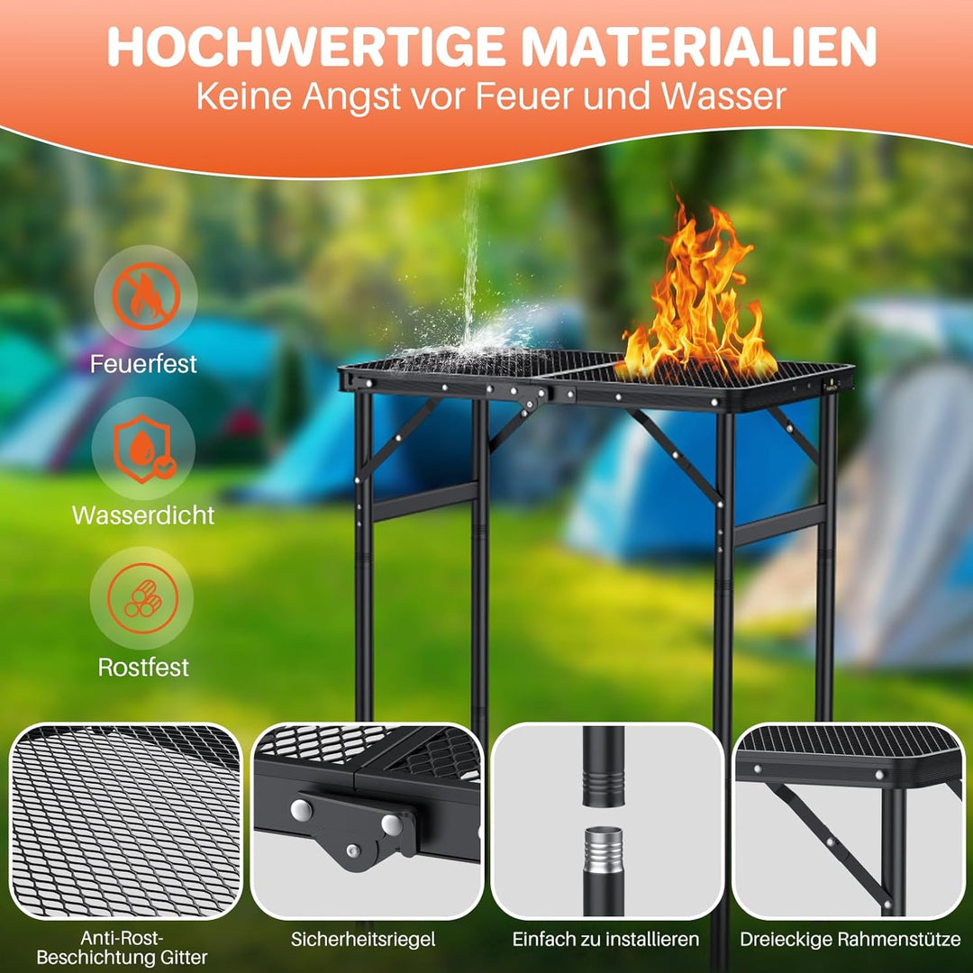 FUNYKICH Klappbar Grilltisch 60 x 40cm, Tragbarer Campingtisch Outdoor mit 3 Höhenverstellbar(27/51/