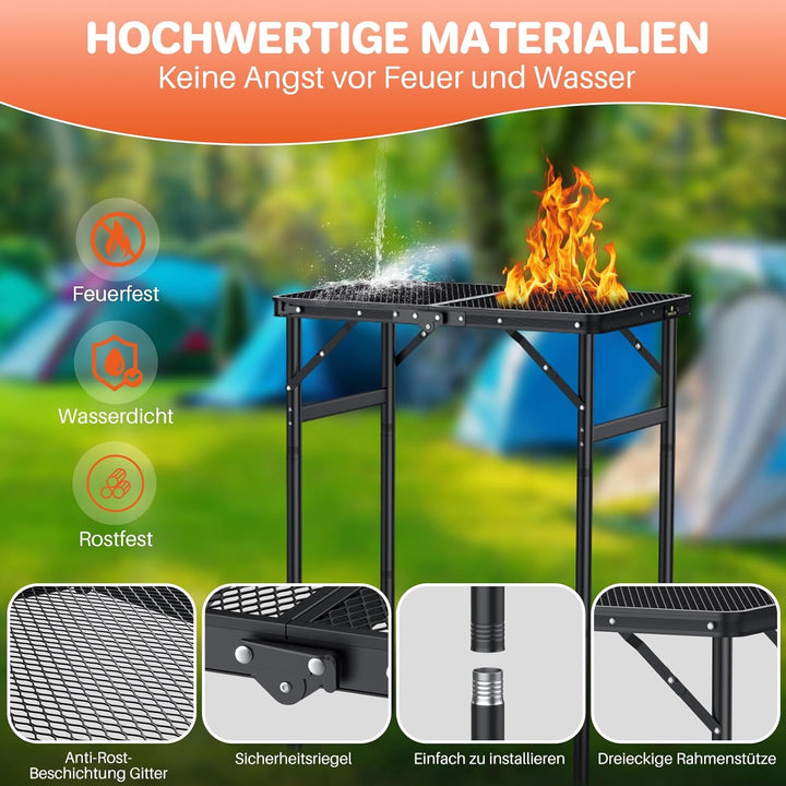FUNYKICH Klappbar Grilltisch 60 x 40cm, Tragbarer Campingtisch Outdoor mit 3 Höhenverstellbar(27/51/