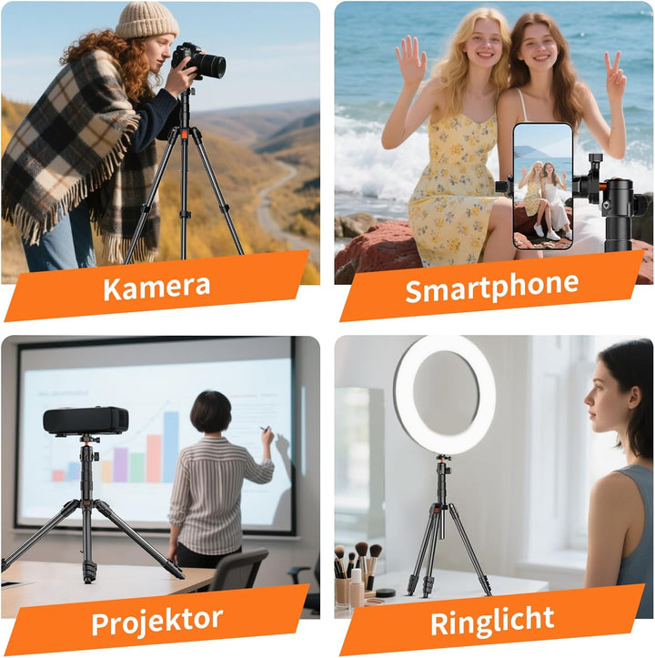 XXZU 180cm Stativ Kamera, Aluminium Handy Stativ mit Tasche, Leichtes Fotostativ mit 360° Kugelkopf