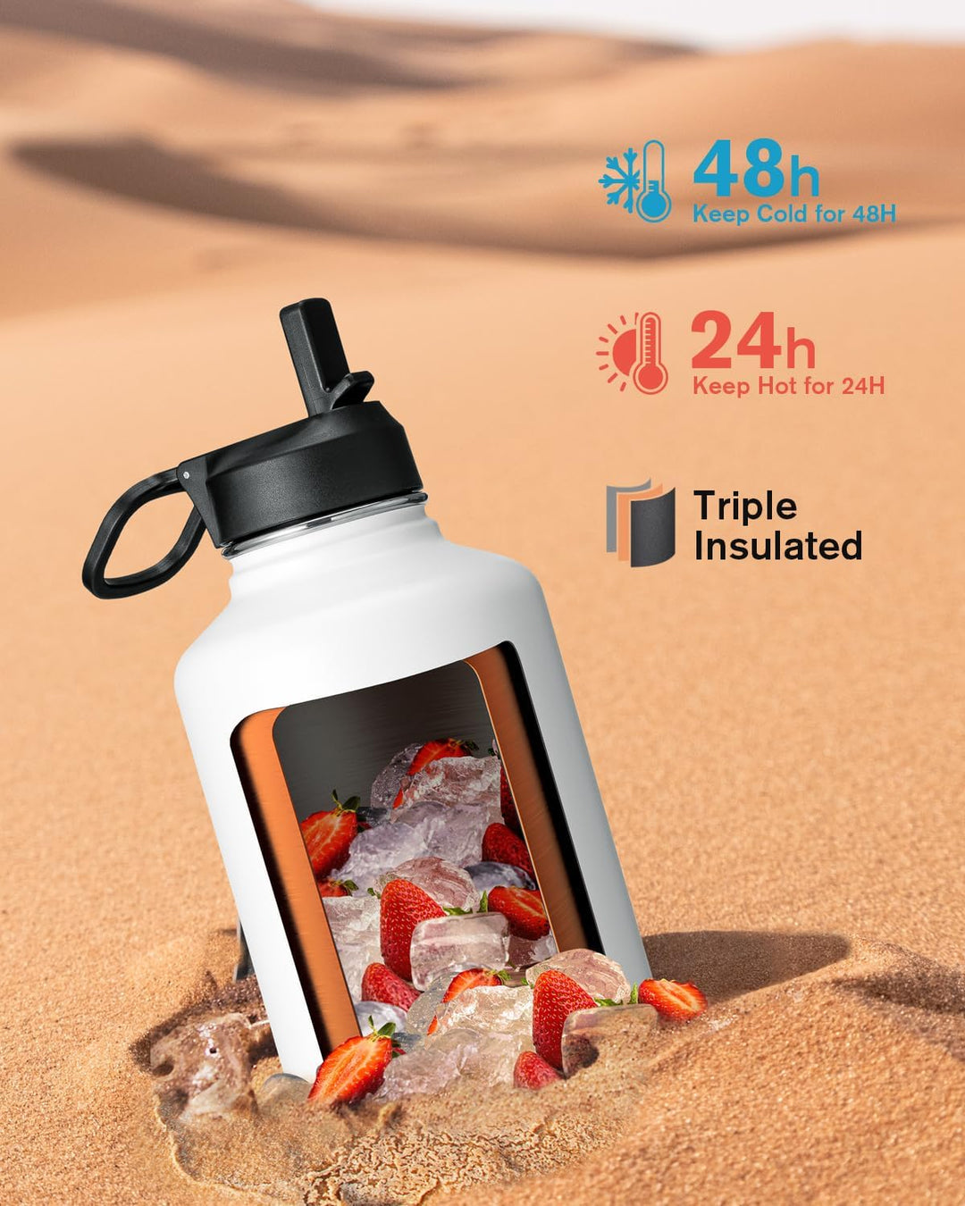 Coolflask Isolierte Wasserflasche mit Strohhalm und 3 Deckeln, 1,8 l Wasserkrug, grosser Metall-Edel