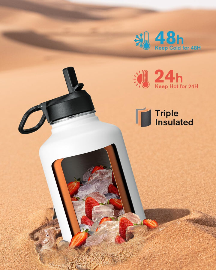 Coolflask Isolierte Wasserflasche mit Strohhalm und 3 Deckeln, 1,8 l Wasserkrug, grosser Metall-Edel