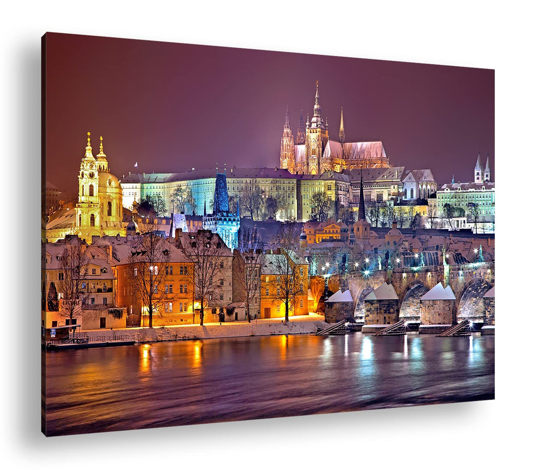 deyoli erhellendes Prag bei Nacht Format: 60x40 als Leinwand, Motiv fertig gerahmt auf Echtholzrahme