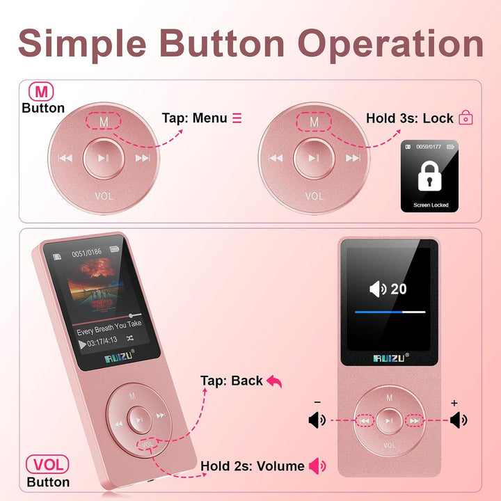 32GB MP3 Player mit Bluetooth 5.3, Ultraleicht (30 Gramm), bis zu 80 Stunden Akkulaufzeit, 1.8-Zoll-