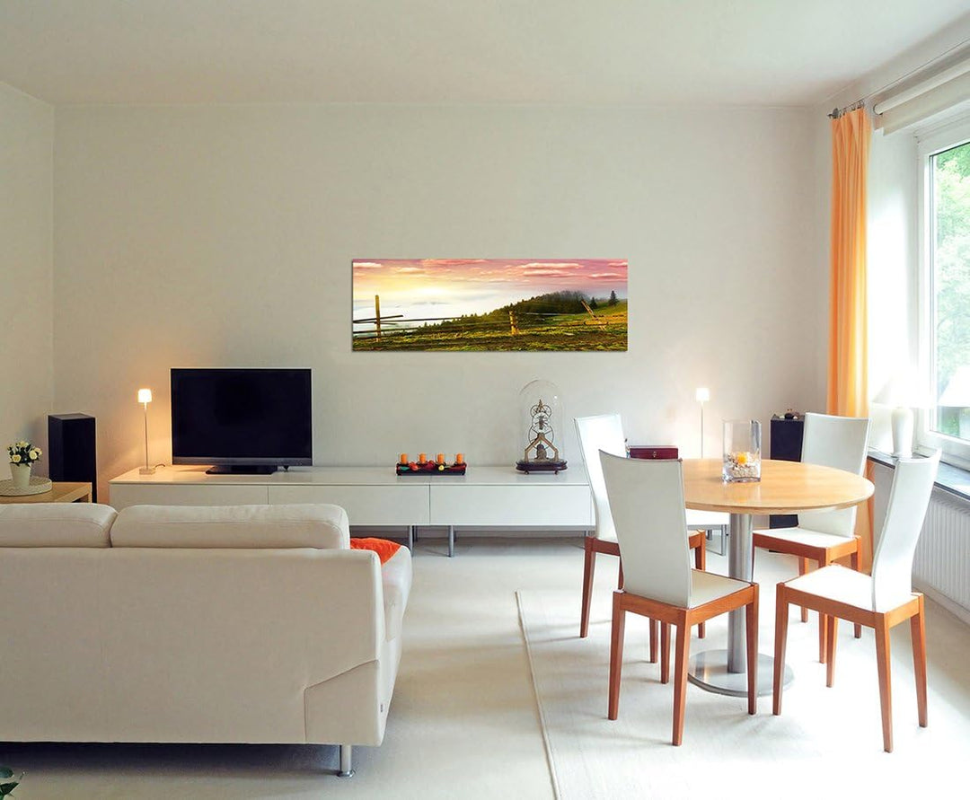 Paul Sinus Art Panoramabild auf Leinwand und Keilrahmen 120x40cm Morgengrauen Landschaft Wald Wiese