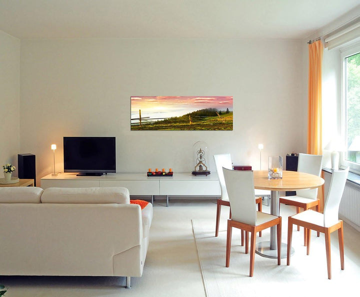 Paul Sinus Art Panoramabild auf Leinwand und Keilrahmen 120x40cm Morgengrauen Landschaft Wald Wiese