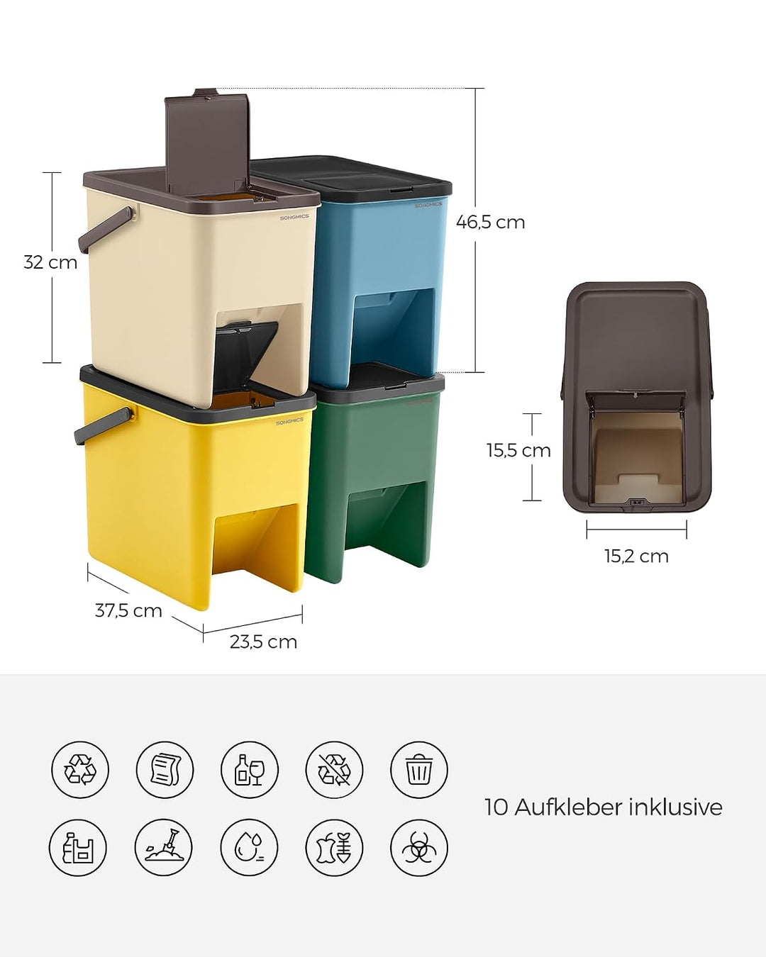 SONGMICS Mülleimer Küche, 4er Set Abfalleimer, Mülleimer stapelbar, je 20 L, Mülltrennsystem, Klappd