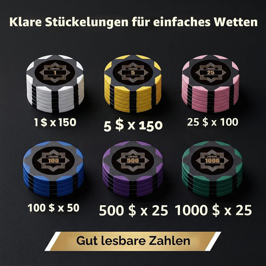 Pokerchip-Set 500 Stück mit nummerierten Bezeichnungen für Casinospiele, inklusive professioneller T