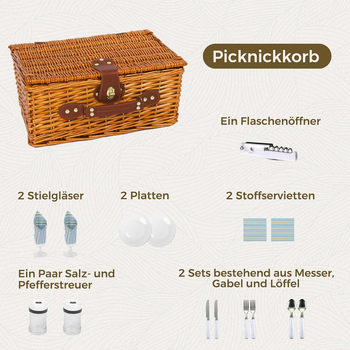 Picknickkorb Set für 2 Person mit Kühlfach, Abnehmbarer Riemen, Weinbeutel, Besteck Set, für Camping