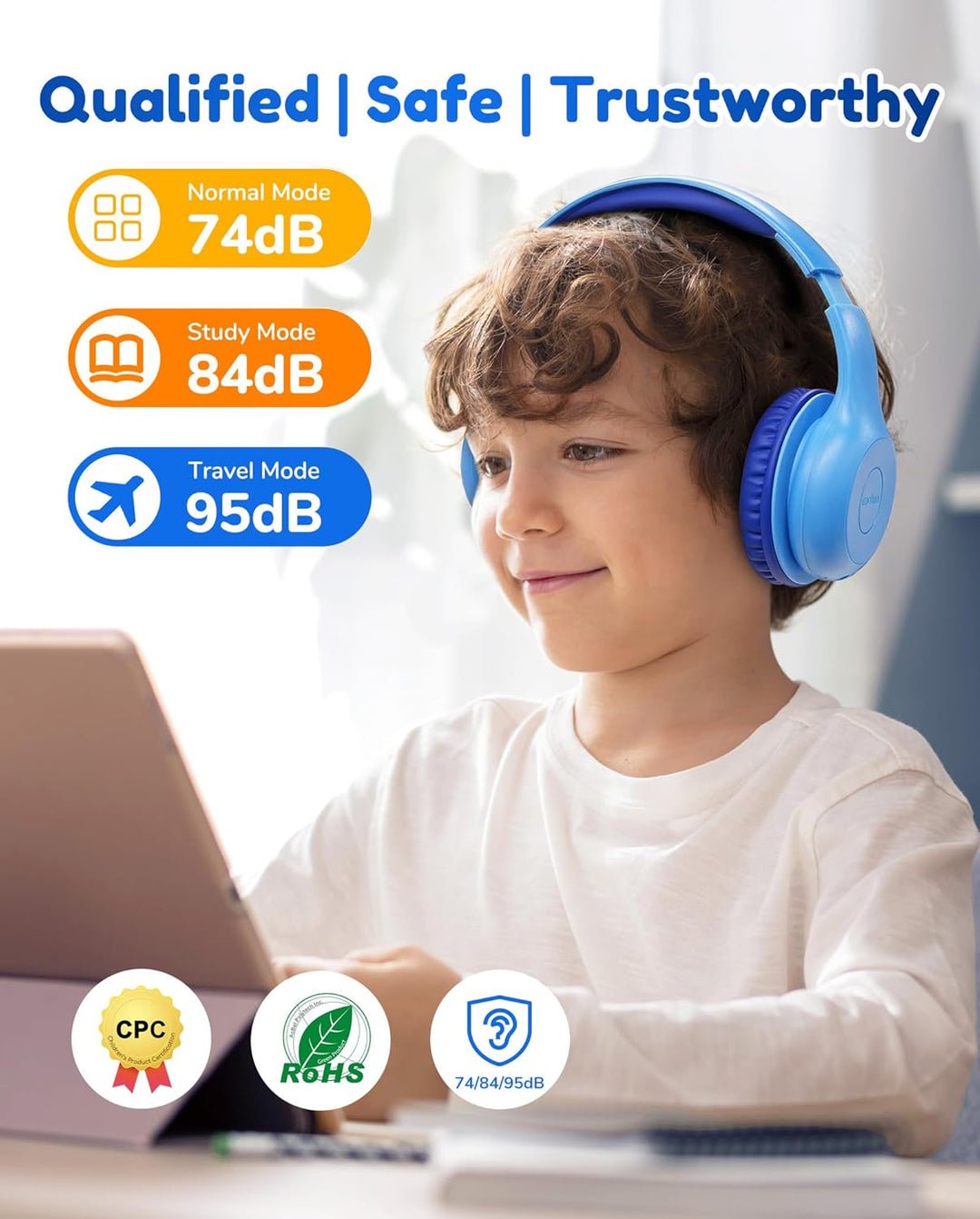 EarFun Bluetooth Kopfhörer Kinder, 74/85/94dB Lautstärkeregelung, HiFi Sound, HD-Mikrofon, 45 Std Ak