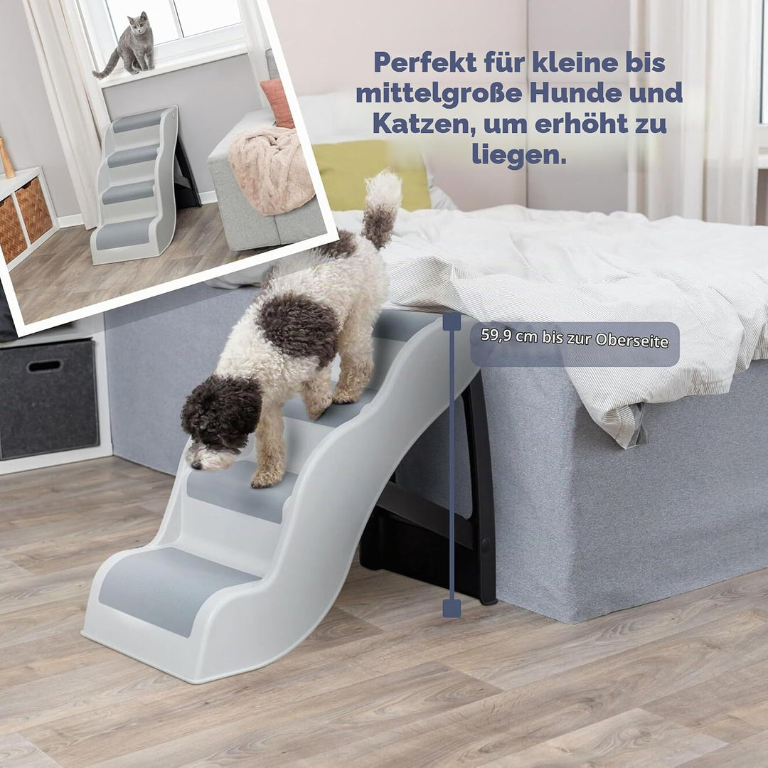 TRIXIE Leichte Hundetreppe mit rutschfesten Gummi-Laufflächen – 4-stufige Haustiertreppe für Betten