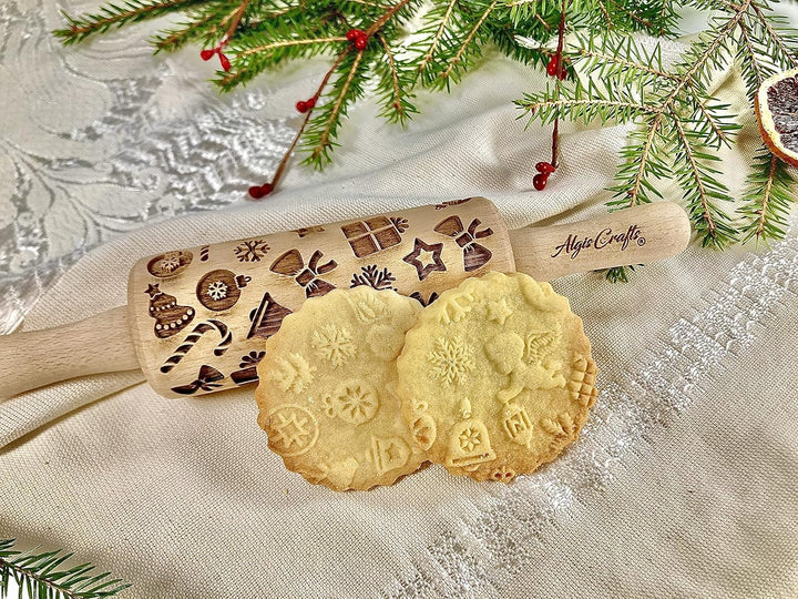 Weihnachtsspass Kinder Nudelholz mit Muster Weihnachten Backen 3-er SET - Teigroller Holz für DIY We