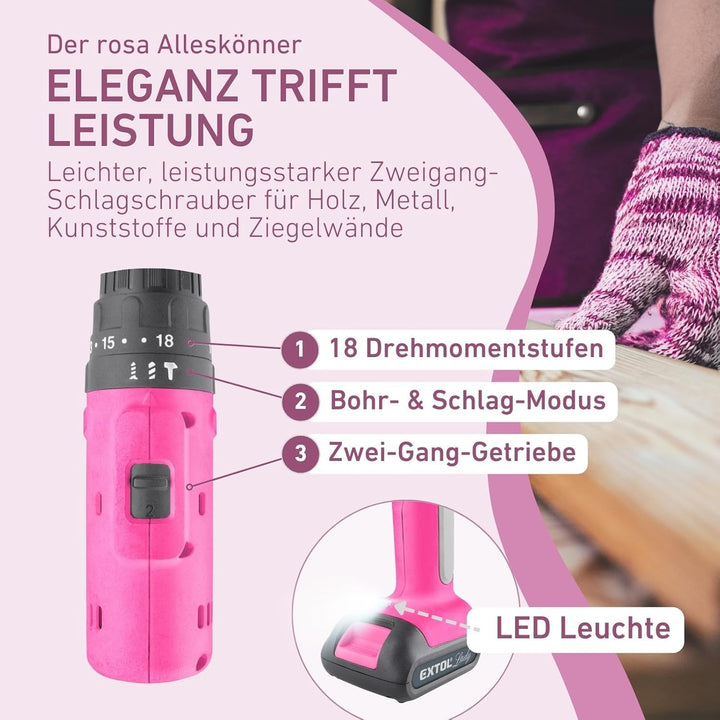 Extol Lady Akku Bohrschrauber Set 27-tlg. I 12V Li-Ion Frauen Akku-Schrauber Pink mit Schlagfunktion