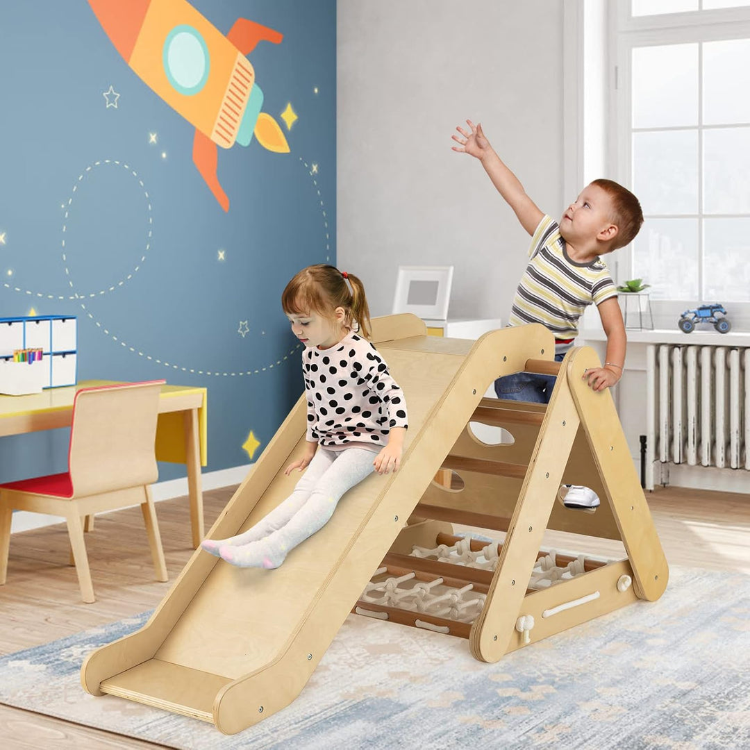 DREAMADE 4 IN 1 Kletterdreieck mit Rutsche und Kletternetz, Holzdreieck Kletterspielzeug aus Holz, I