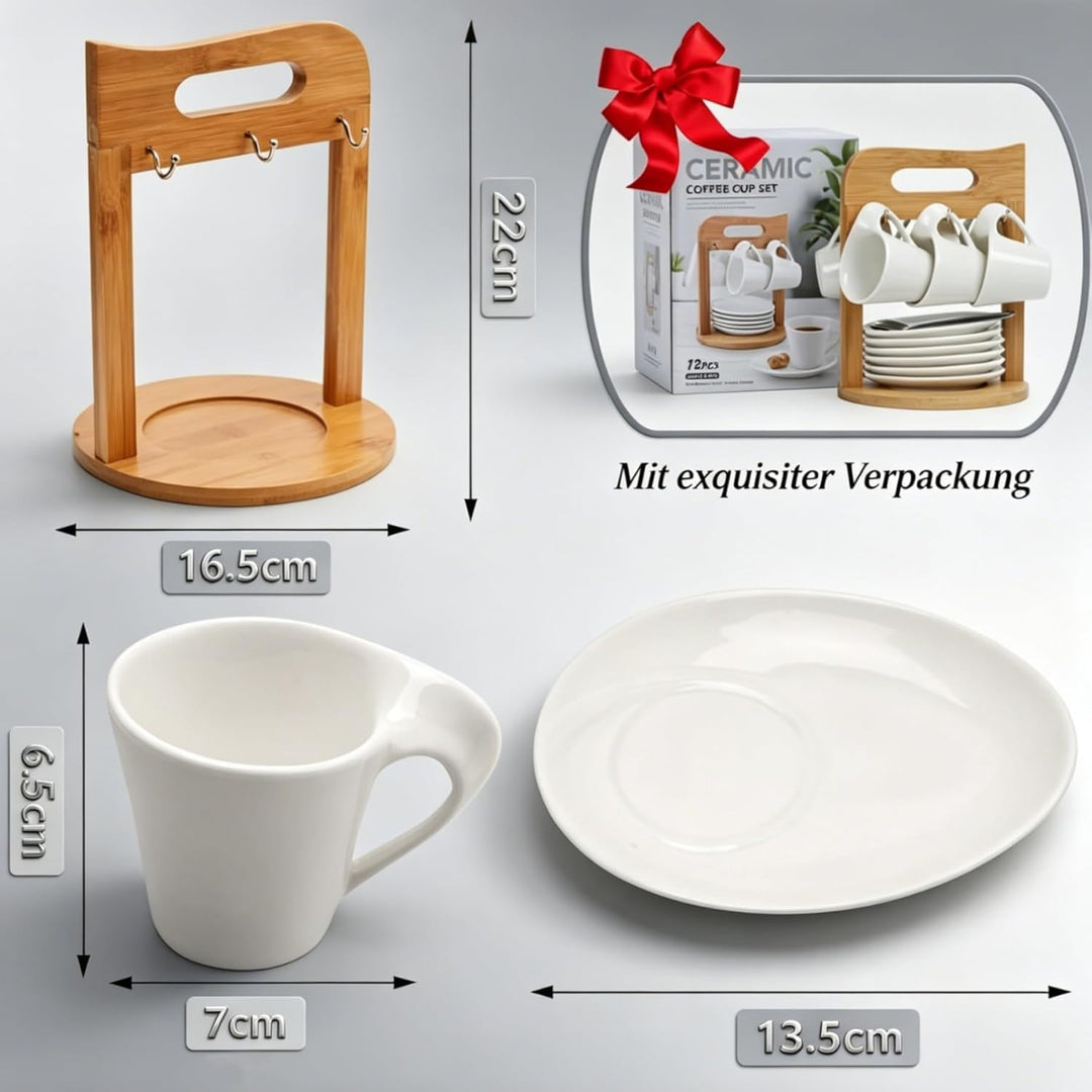 JUJOYBD Espressotassen Set mit Ständer, 6 x 80ml Porzellan Espresso Tassen mit Untertassen Set, Mokk