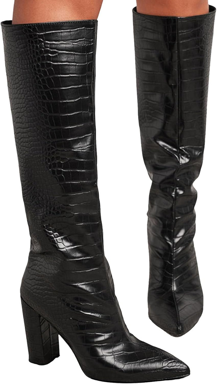 Damen Stiefeletten mit Absatz Elegant Spitz Kniehohe Stiefel für Damen, breite Wade, quadratische Ze