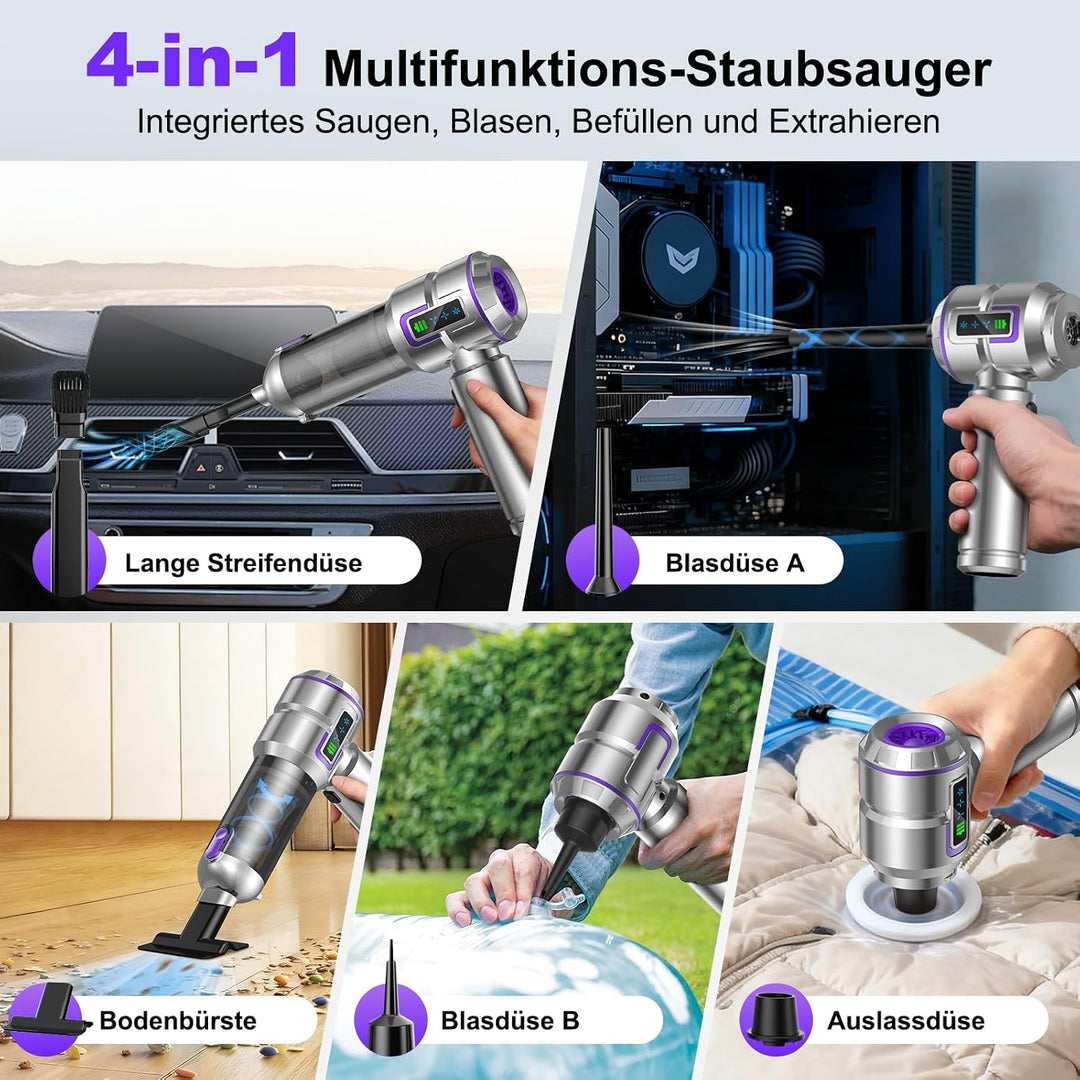 Handstaubsauger, 25000Pa Handstaubsauger Akku, 4 in 1 Stark Auto Staubsauger mit 1-Knopf Selbstentle