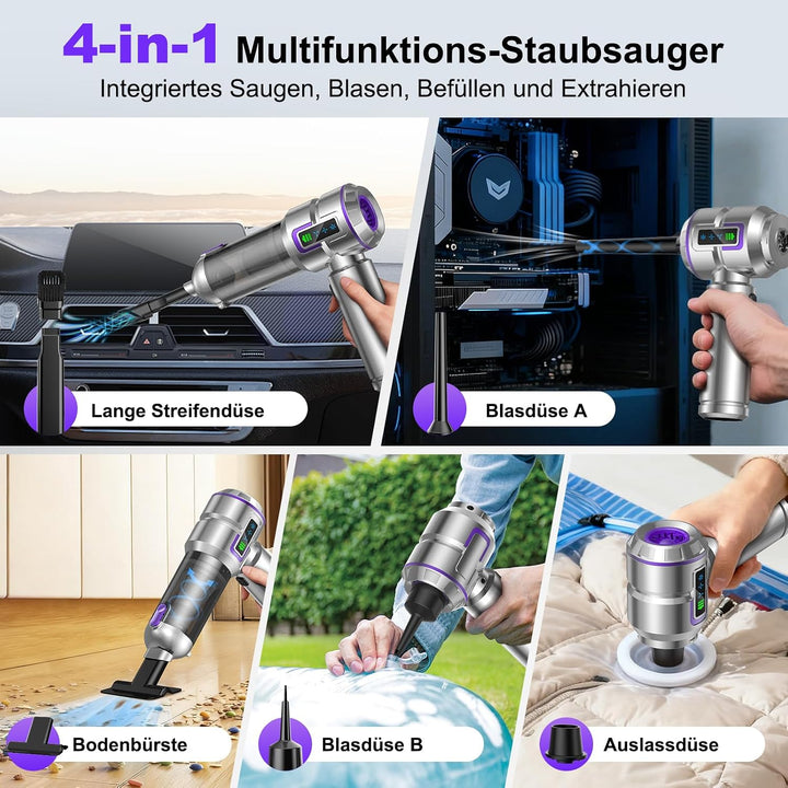 Handstaubsauger, 25000Pa Handstaubsauger Akku, 4 in 1 Stark Auto Staubsauger mit 1-Knopf Selbstentle