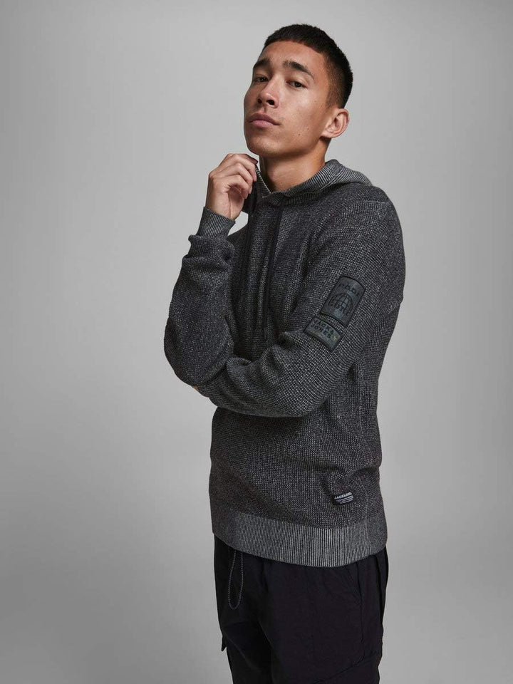 JACK & JONES Herren Jcobadge Knit Hood Sts Kapuzenpullover, Black, S EU