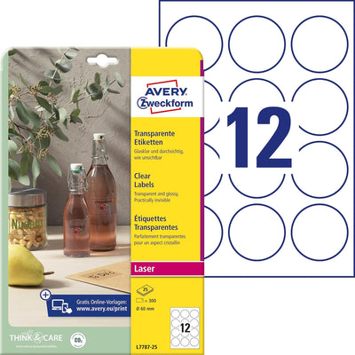 AVERY Zweckform L7787-25 transparente runde Etiketten (300 Klebepunkte, Ø60 mm auf A4, runde Aufkleb