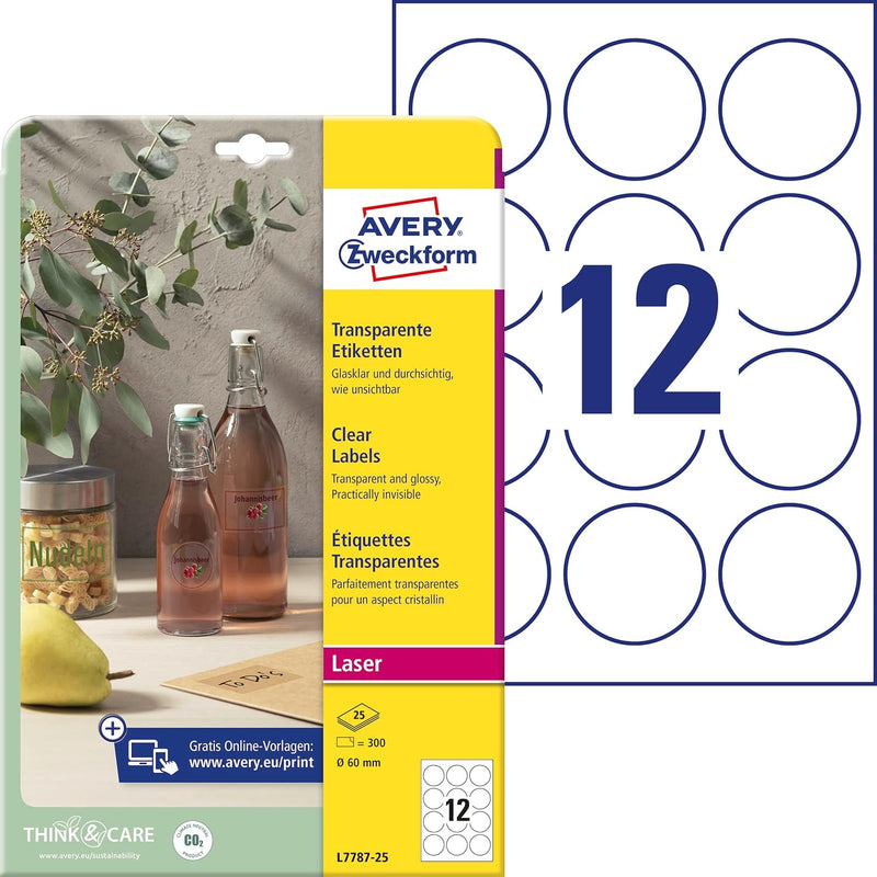 AVERY Zweckform L7787-25 transparente runde Etiketten (300 Klebepunkte, Ø60 mm auf A4, runde Aufkleb