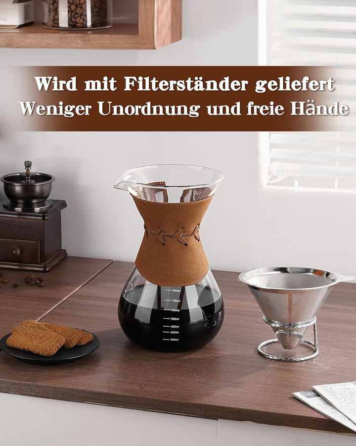 Kaffeebereiter mit Filter aus Edelstahl, 800ml Kaffeekanne für 5-6 Tassen Glas Pour Over Kaffeebrühe