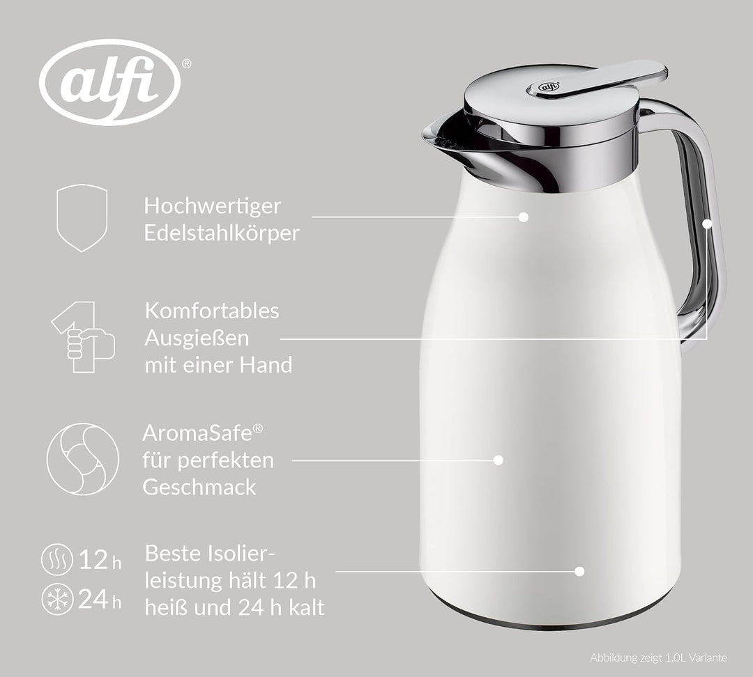 alfi SKYLINE 1,5l, coconut white mat, Edelstahl-Isolierkanne mit hygienischem Hartglaseinsatz, Drehv
