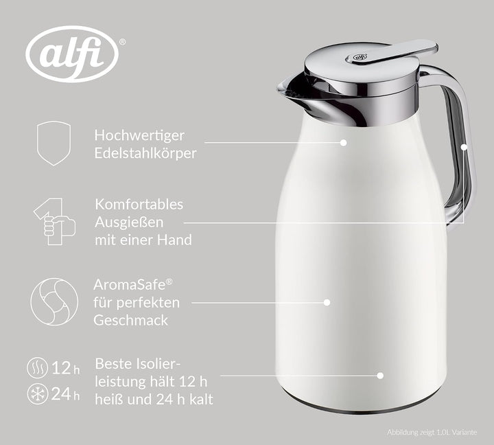alfi SKYLINE 1,5l, coconut white mat, Edelstahl-Isolierkanne mit hygienischem Hartglaseinsatz, Drehv