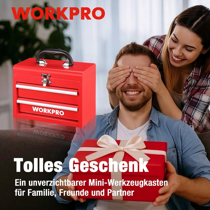 WORKPRO Metall Schubladenbox mit 2 Schubladen & Oberer Stauraum Rot, 27,5x15x20,8cm Tisch Organizer