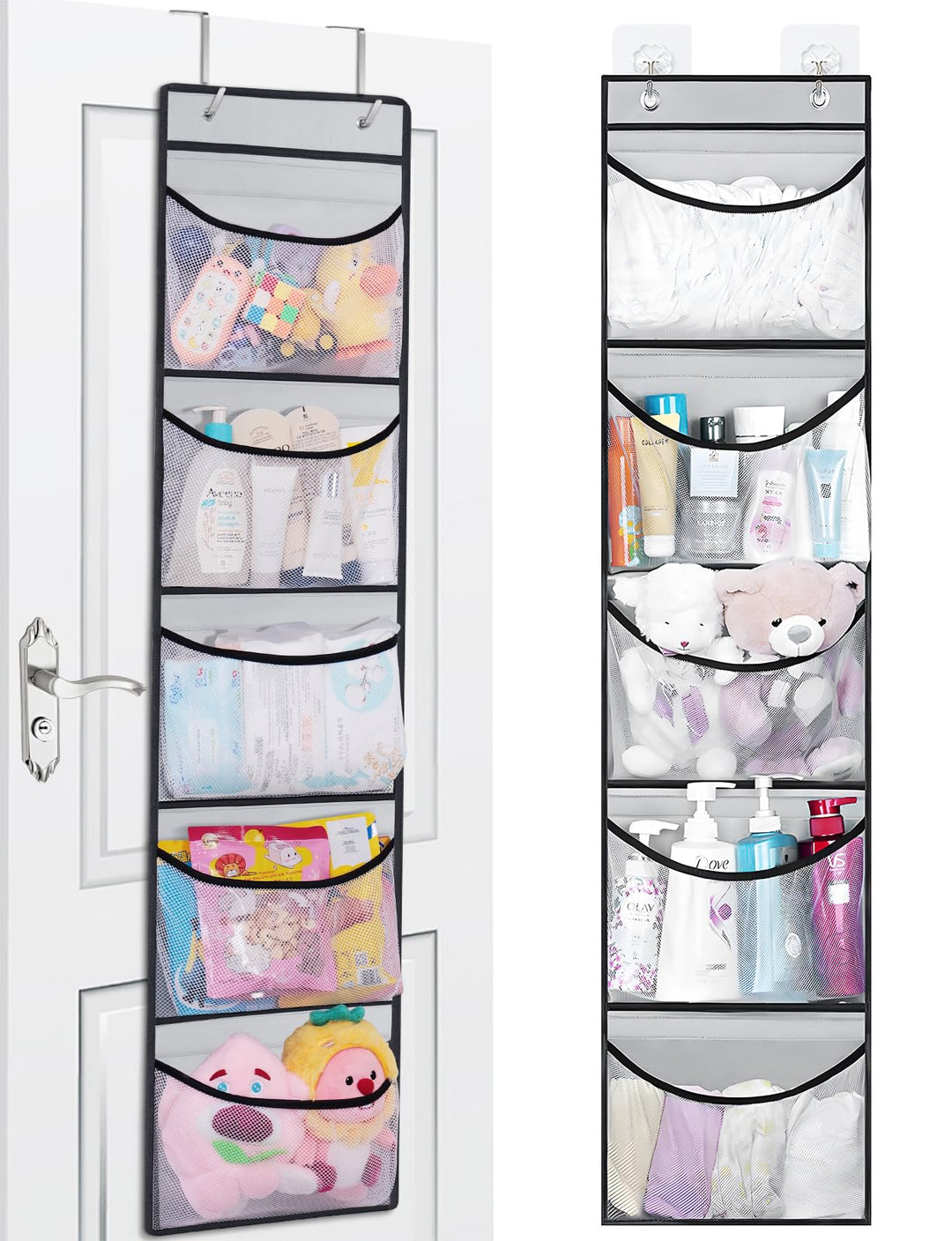 Hängeregal, Hängeorganizer mit 5 Netztaschen und 8 Klettband, Hängeaufbewahrung Schrank Kuscheltier