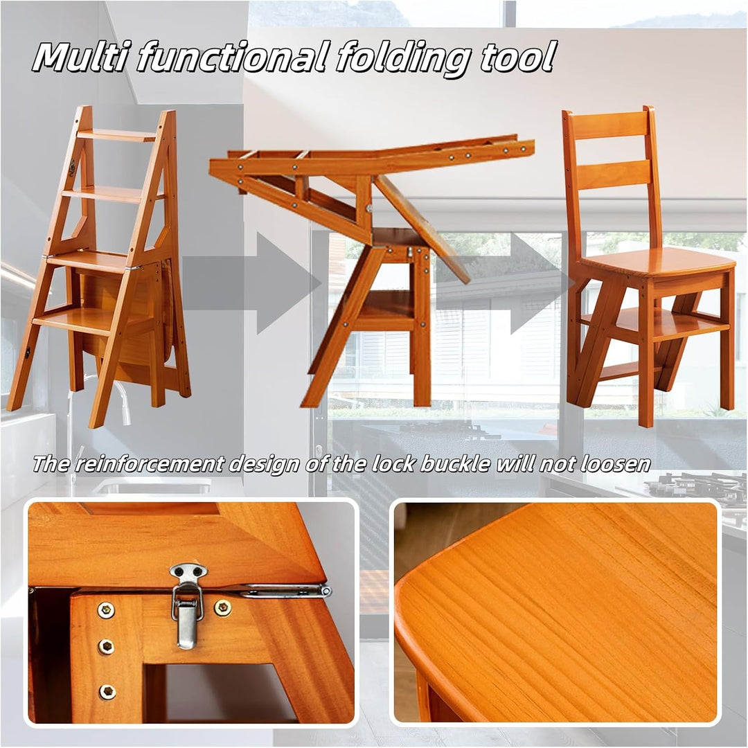 3-in-1 Holz Tritthocker Klappbar, 4 Stufen Leiterstuhl Multifunktionaler Klapptritt als Hocker &amp; Lei