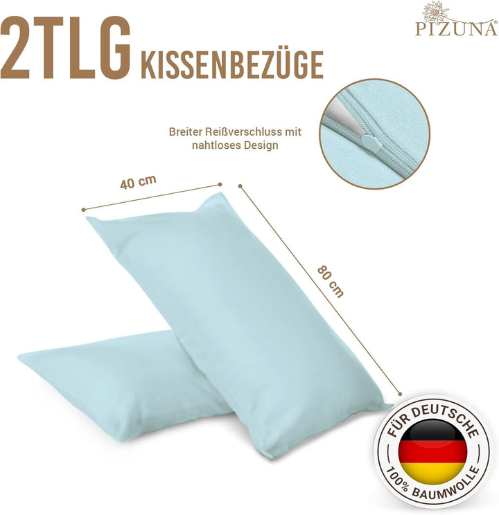 Pizuna Luxuriöser Soft-Satin 2er Pack Kissenbezug 40 x 80 cm Baby blau, 800 Fadenzahl Baumwolle Quad