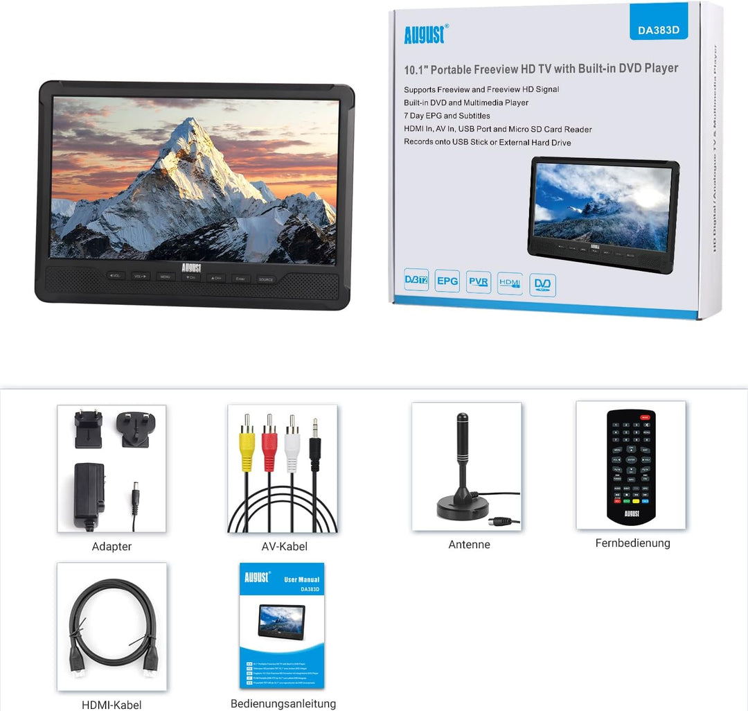 August DA383-10“ tragbarer HD Fernseher mit DVD Player&integriertem Akku-DVB-T2 mini LCD TV mit EPG/