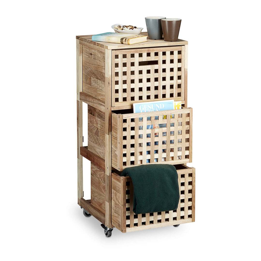 Relaxdays Rollcontainer Holz mit 3 Fächern Walnuss HBT: ca. 91,5 x 40,4 x 40,4 cm Utensilienwagen Ro