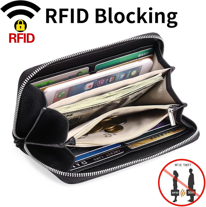 GOIACII Geldbörse Damen, Portemonnaie Damen Leder, RFID Blocking gross und im Langformat Geldbeutel