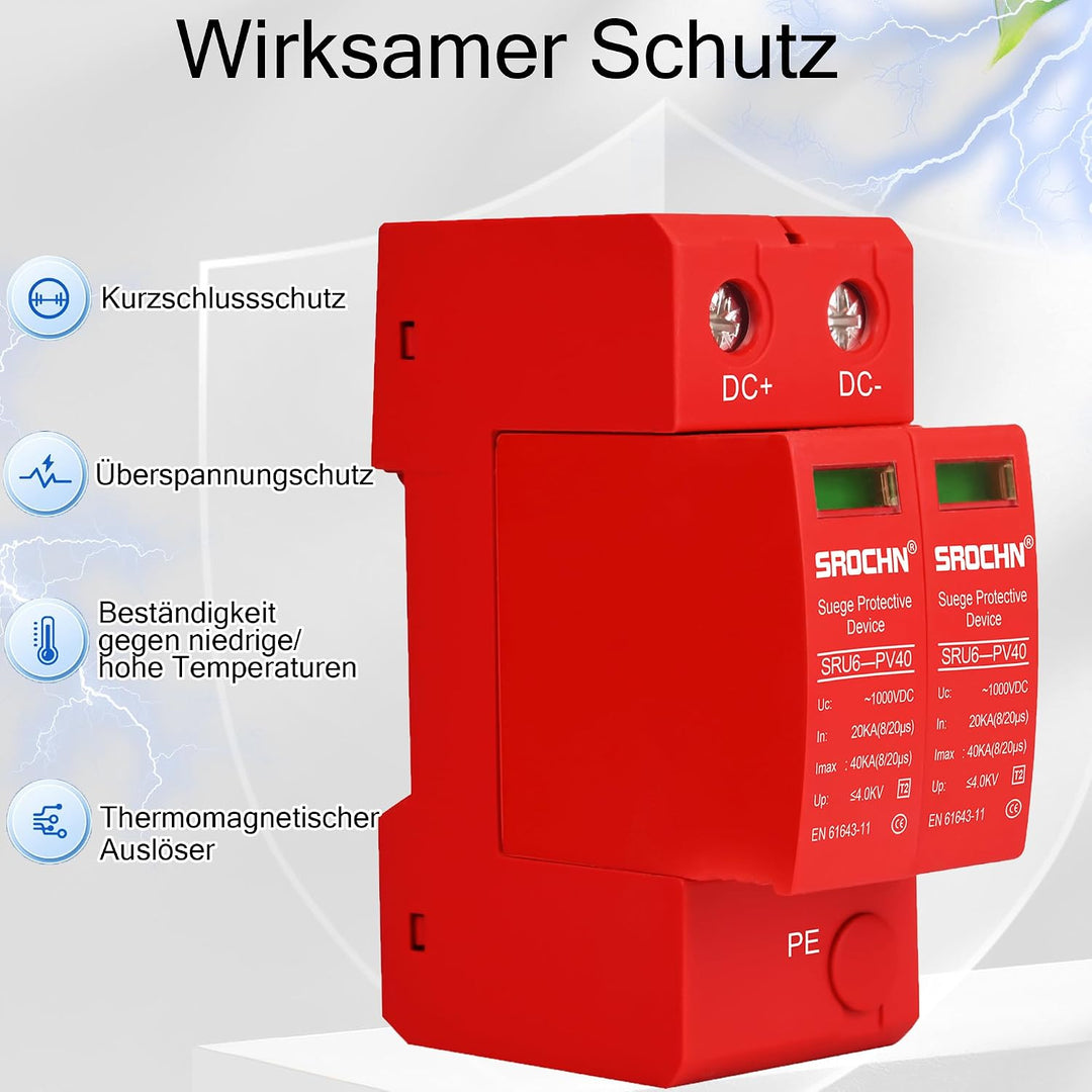 Warmfay Überspannungsschutz PV 2P 20-40KA, 1000V DC Photovoltaic Lightning Protector Niederspannungs