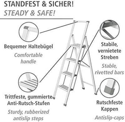 WENKO Leichte Aluminium Trittleiter mit 4 Stufen für 100 cm höheren Stand, rutschsichere XXL-Stufen,