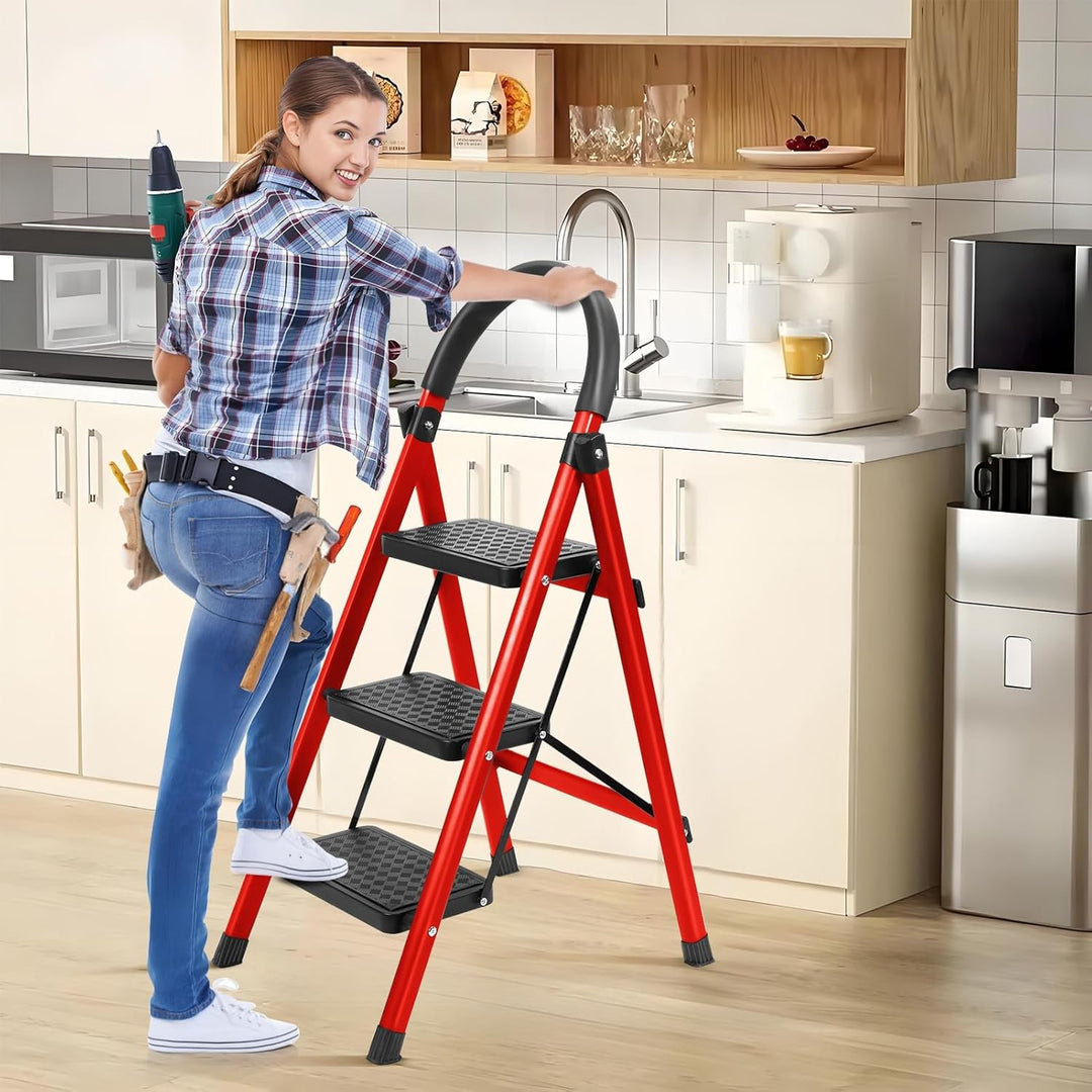 yoakaiax Klappbarer Tritthocker mit 3 Stufen, mit breitem Anti-Rutsch-Pedal, stabile Stahlleiter, 3-