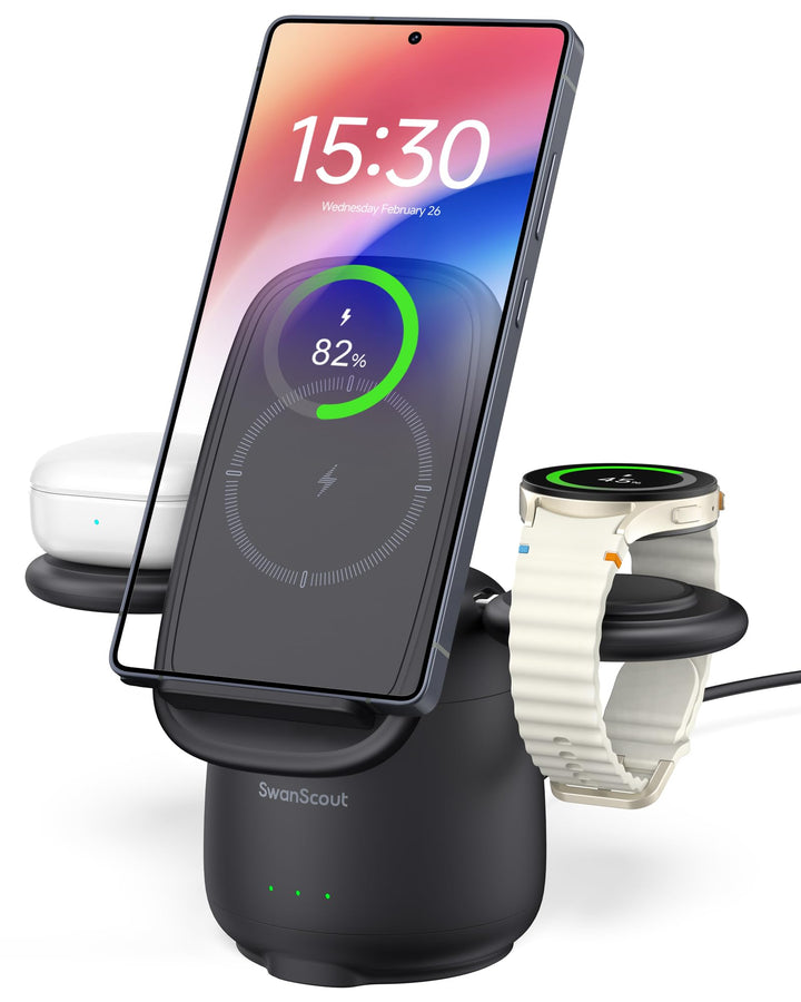 SwanScout Induktive Ladestation für Samsung S26+, 3 in 1 Wireless Charger für Samsung S25/S24/S23/Z
