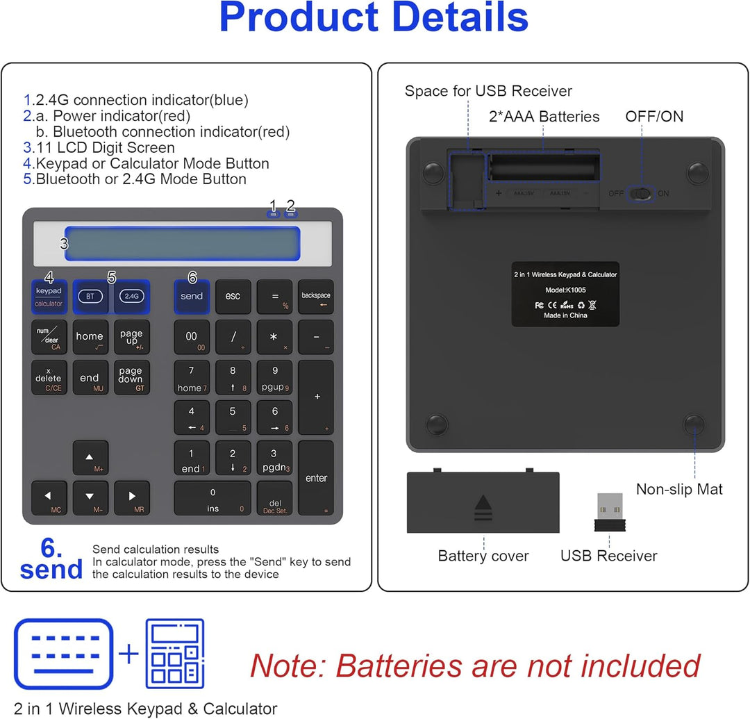 2-in-1 Ziffernblock mit Taschenrechner, 34 Leise Tasten Bluetooth 5.0&2.4G Numpad für Windows/Mac/iO