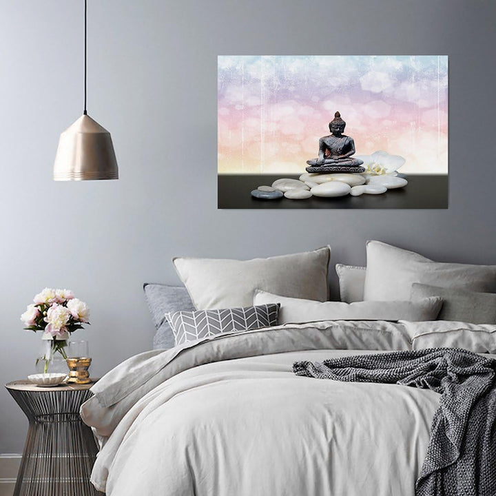 Feeby Frames, Leinwandbild, Bilder, Wand Bild, Wandbilder, Kunstdruck 50x70cm, BUDDHA, KULTUR, STEIN