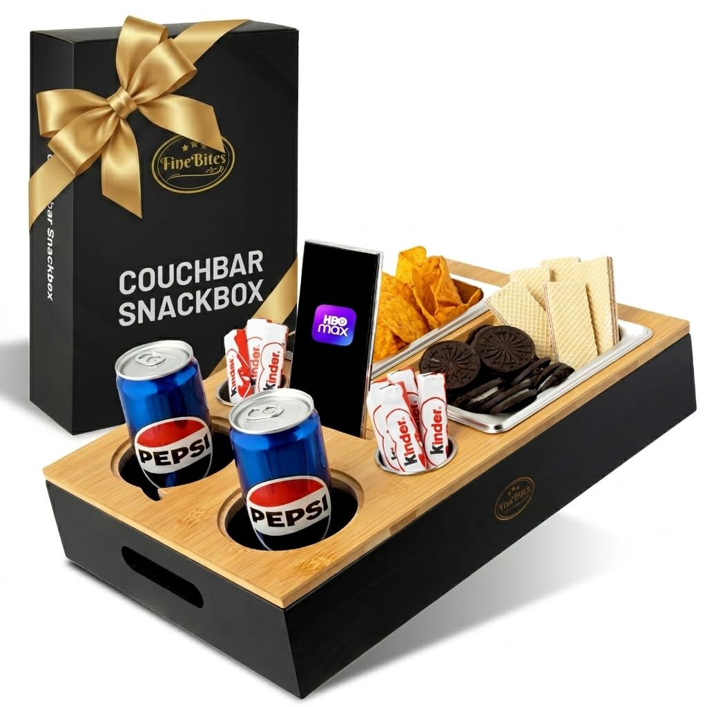 Couchbar Snackbox für 2 aus Bambus – Snackbar Sofatablett mit Getränkehalter & 2 Snackschalen – Couc